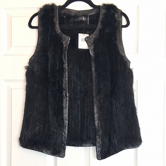 Love Token Black 100% Rabbit Fur 100% Lamb Leather Trim Vest